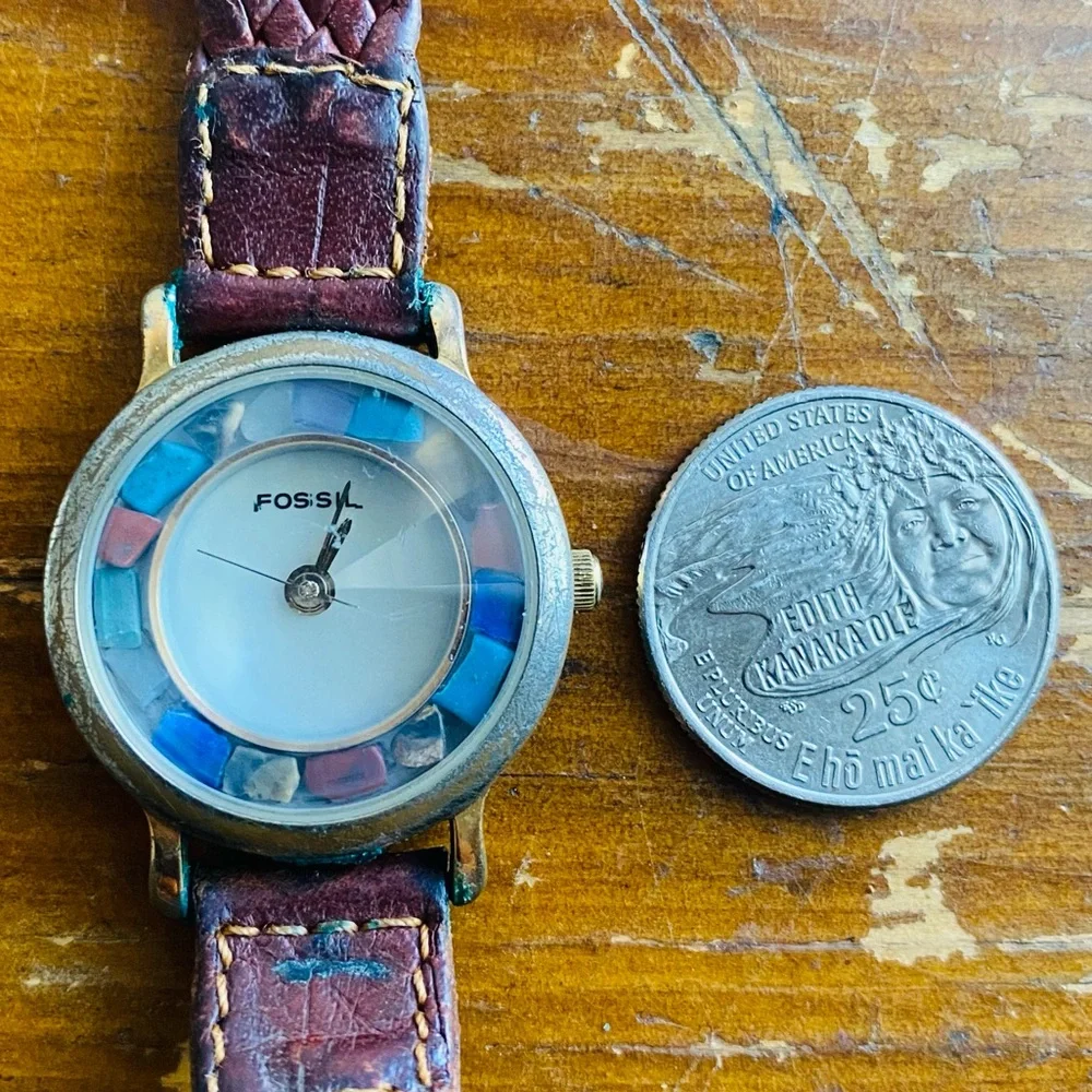 1994 MULTI COLORED FOSSIL STONE MOTHER OF PEARL WATCH PC-7330 (004188)
